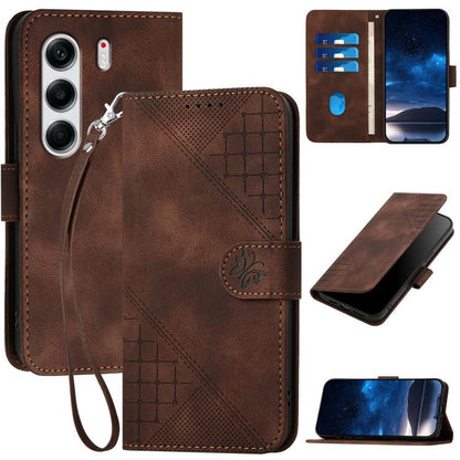 Coffee-brown leather-look phone case with embossed grid butterfly pattern, lanyard, card slots