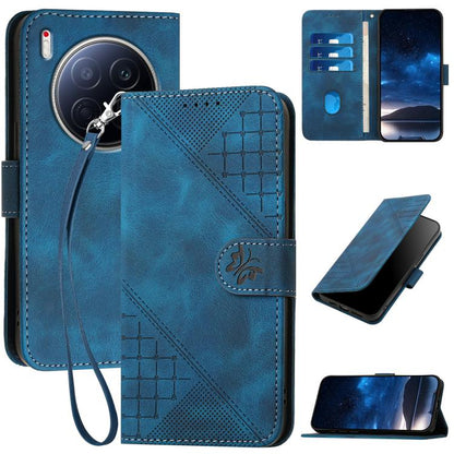 Dark blue grid butterfly embossed leather phone case with lanyard, wallet flip