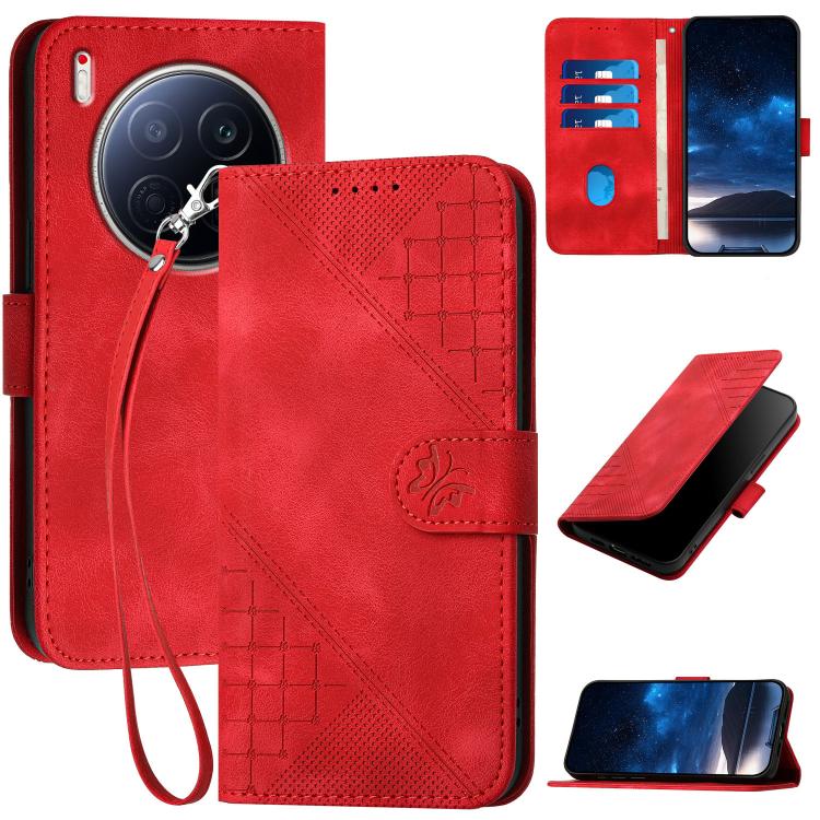 Red grid butterfly embossed leather phone case with lanyard, wallet flip