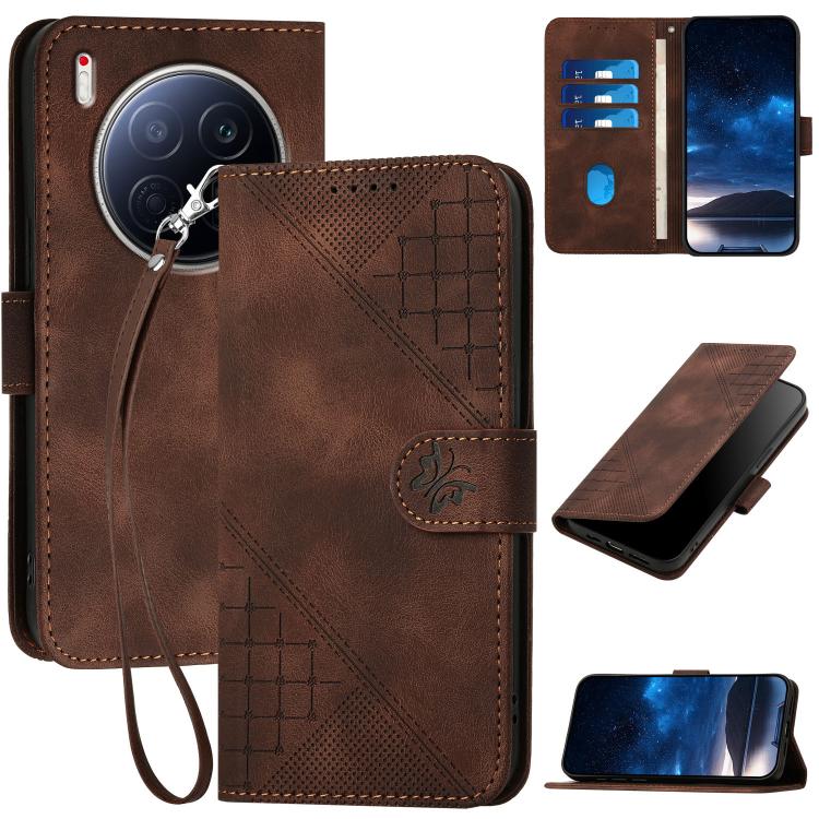 Coffee brown grid butterfly embossed leather phone case with lanyard, wallet flip