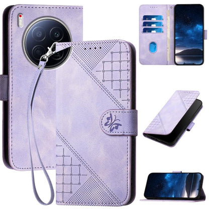 Lavender purple grid butterfly embossed leather phone case with lanyard, wallet flip