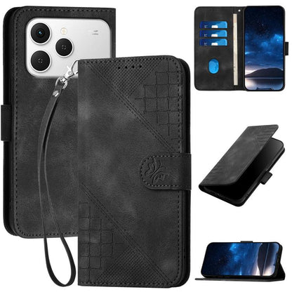 Black embossed leather phone case with lanyard strap and flip cover