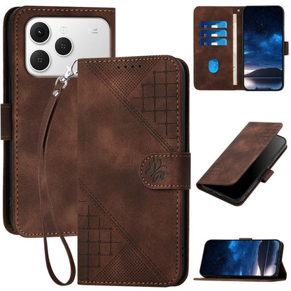 Coffee brown embossed leather phone case with lanyard strap and card-holder flip