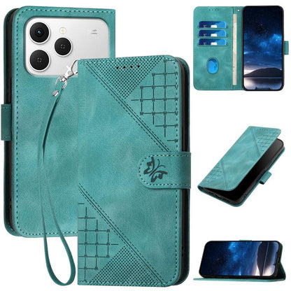 Teal embossed leather phone case with lanyard strap and card-holder flip