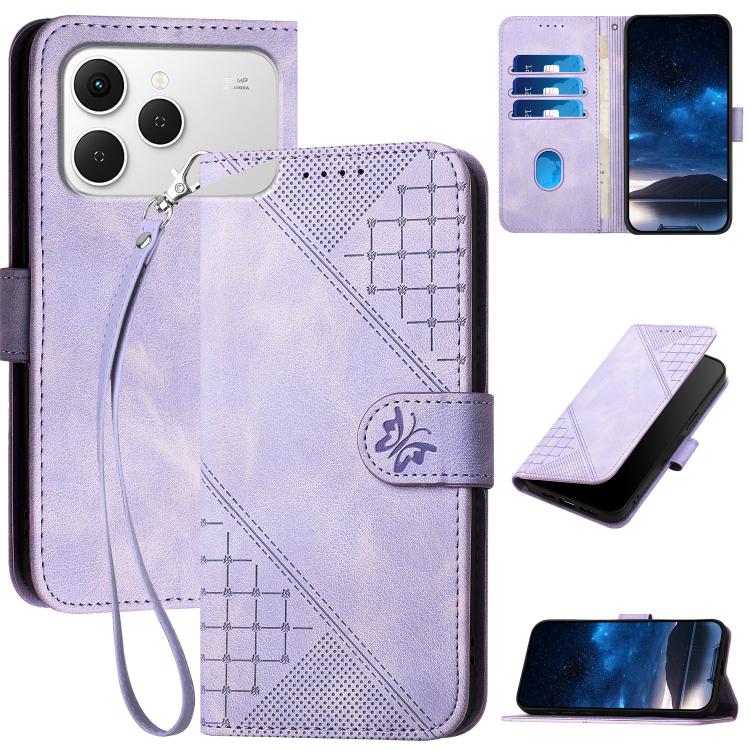Light purple embossed leather phone case with lanyard strap and card-holder flip