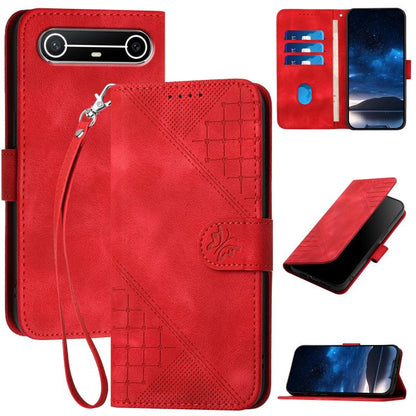 Red embossed leather phone case with lanyard, grid butterfly pattern, folio cover