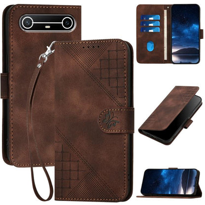 Coffee brown embossed leather phone case with lanyard strap and flip cover
