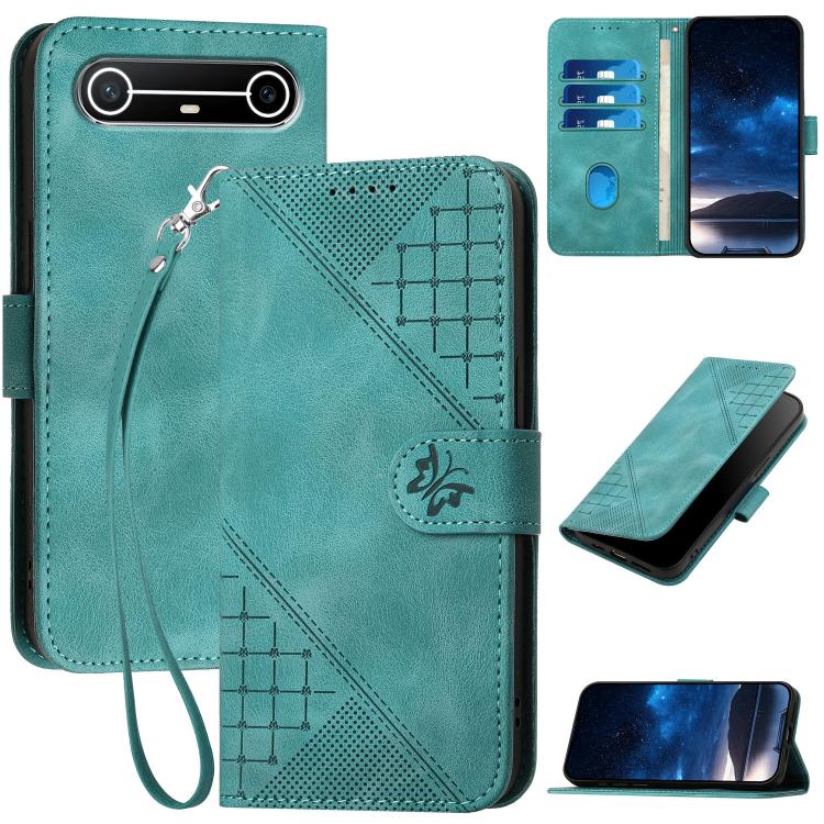 Teal embossed leather phone case with lanyard strap and flip cover