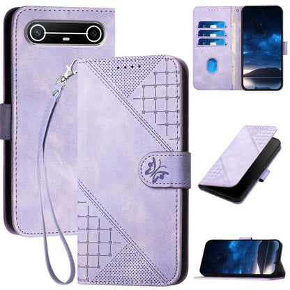 Light purple embossed leather phone case with lanyard strap and flip cover