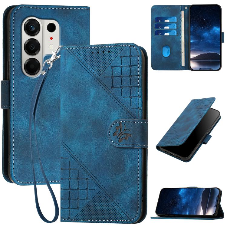 Dark blue embossed leather phone case with lanyard, grid butterfly pattern, folio cover