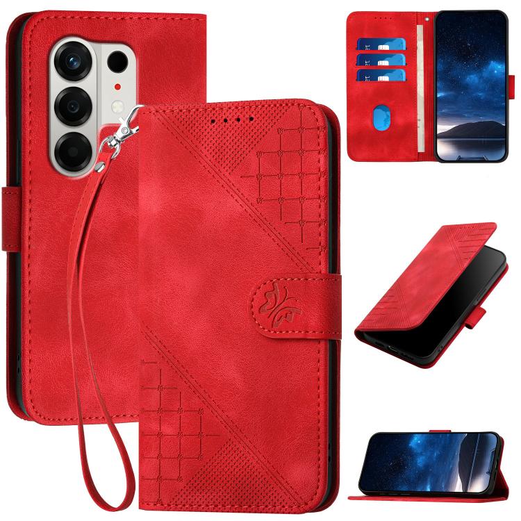 Red embossed leather phone case with lanyard, grid butterfly pattern, folio cover