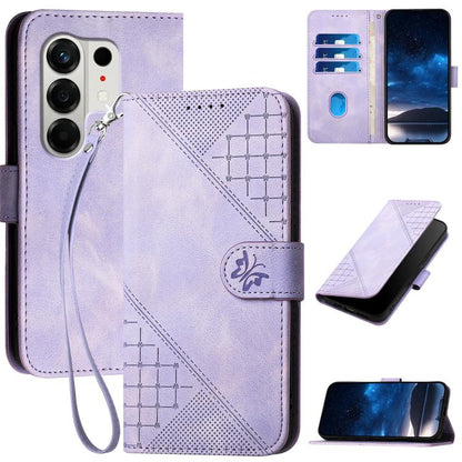 Lavender embossed leather phone case with lanyard, grid butterfly pattern, folio cover