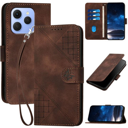 Coffee-brown flip leather phone case with embossed grid pattern and butterfly motif, lanyard strap