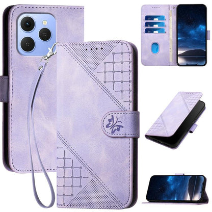 Light purple flip leather phone case with embossed grid pattern and butterfly motif, lanyard strap