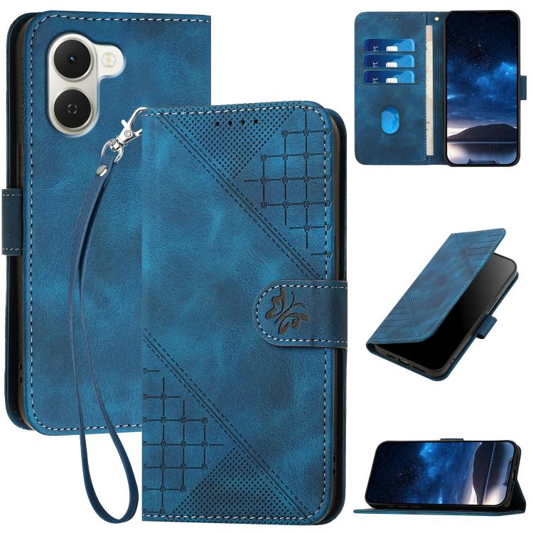 Dark blue leather-style phone case with embossed butterfly grid, lanyard strap, card slots