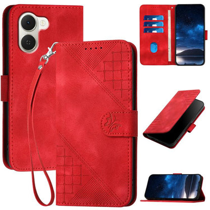 Red leather-style phone case with embossed butterfly grid, lanyard strap, card slots