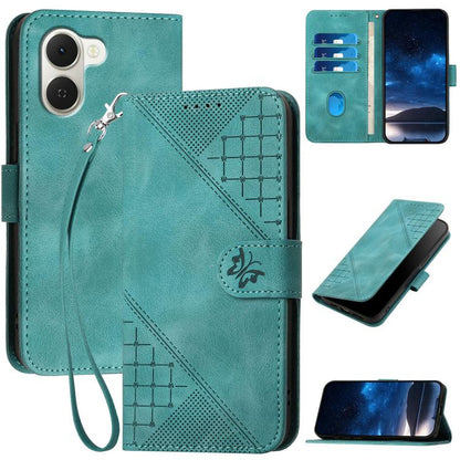 Teal leather-style phone case with embossed butterfly grid, lanyard strap, card slots