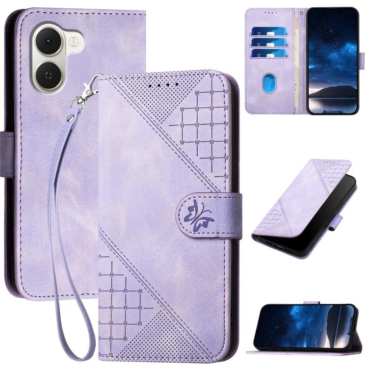 Light purple leather-style phone case with embossed butterfly grid, lanyard strap, card slots