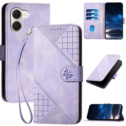 Light purple leather-style phone case with embossed butterfly grid, lanyard strap, card slots