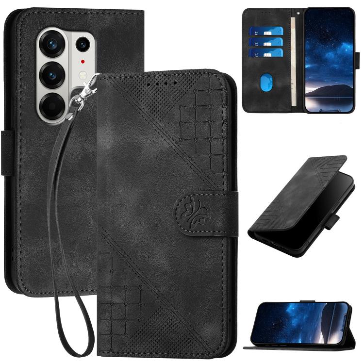 Black leather folio phone case with embossed grid design, butterfly motif, and lanyard strap