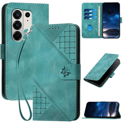Teal leather folio phone case with embossed grid design, butterfly motif, and lanyard strap