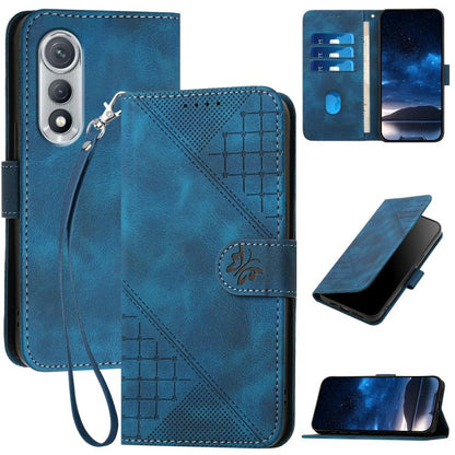 Dark blue embossed leather phone case with lanyard strap and card-holder flip