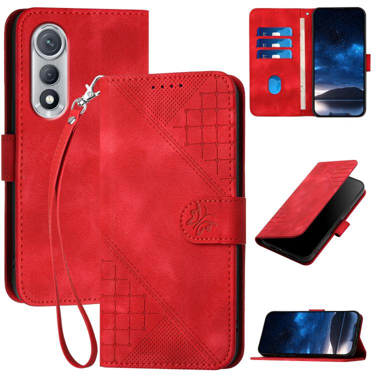 Red leather-look phone case with embossed grid butterfly, lanyard wrist strap, card slots