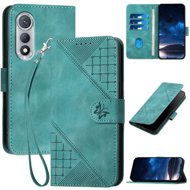 Teal leather-look phone case with embossed grid butterfly, lanyard wrist strap, card slots