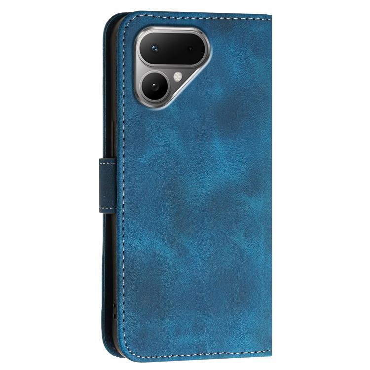 Dark blue leather phone case with embossed pattern and side button cutouts