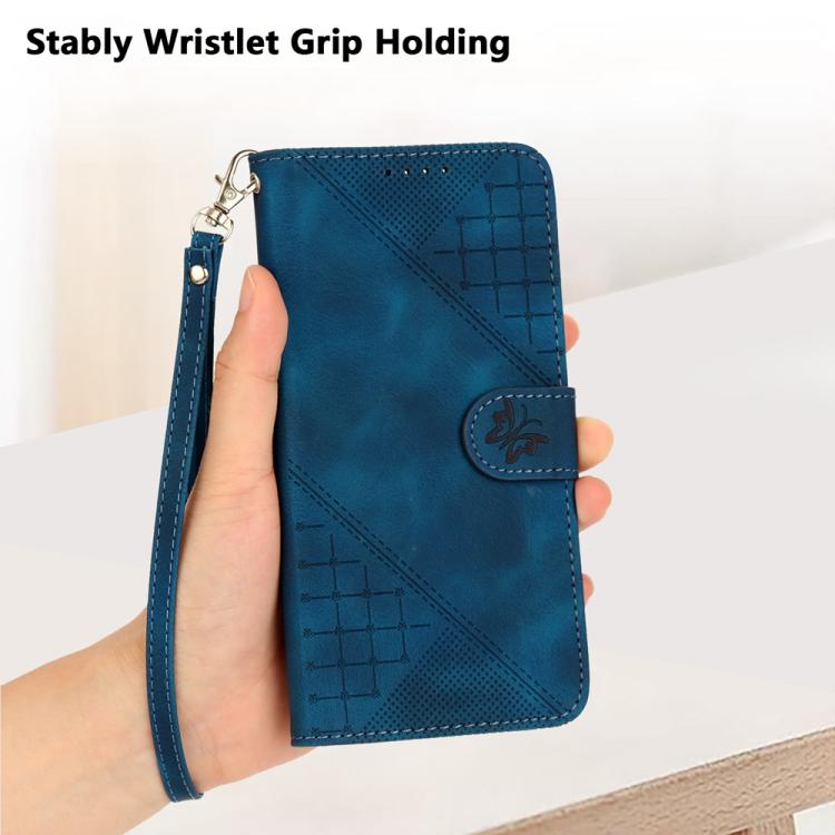 Blue embossed leather phone case with wrist strap and magnetic closure tab