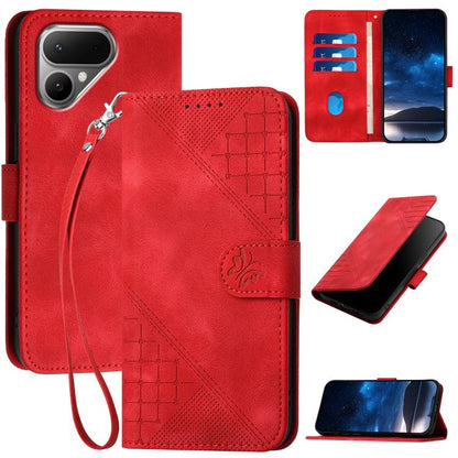Red embossed grid butterfly leather phone case with wrist lanyard and card slots