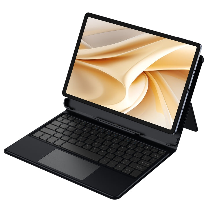 Black folio smart keyboard case for tablet, open with built-in keyboard and trackpad