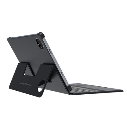 Black tablet keyboard case with kickstand and slim profile, side view
