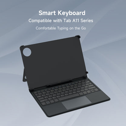 Black folio smart keyboard case open with tablet screen on and keyboard deck