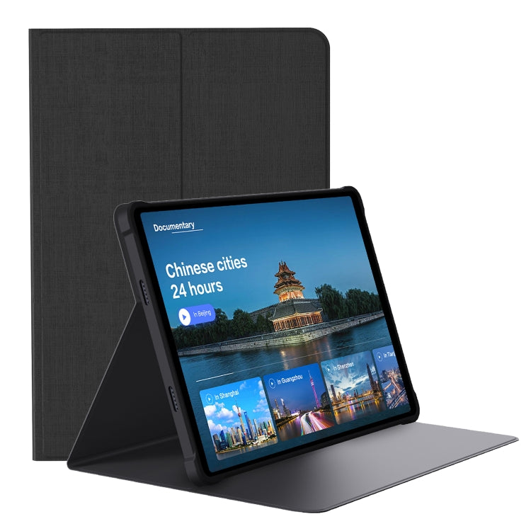 Black tablet book cover case with front flap and kickstand for landscape viewing