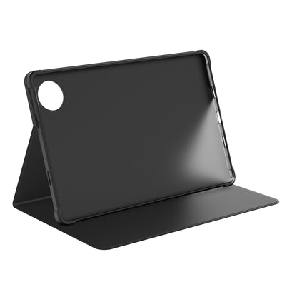 Black tablet book cover with circular camera cutout and stand flap