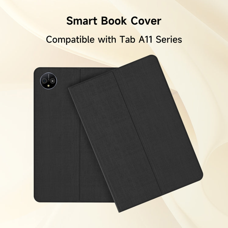 Black tablet book cover case with matching front flap, closed