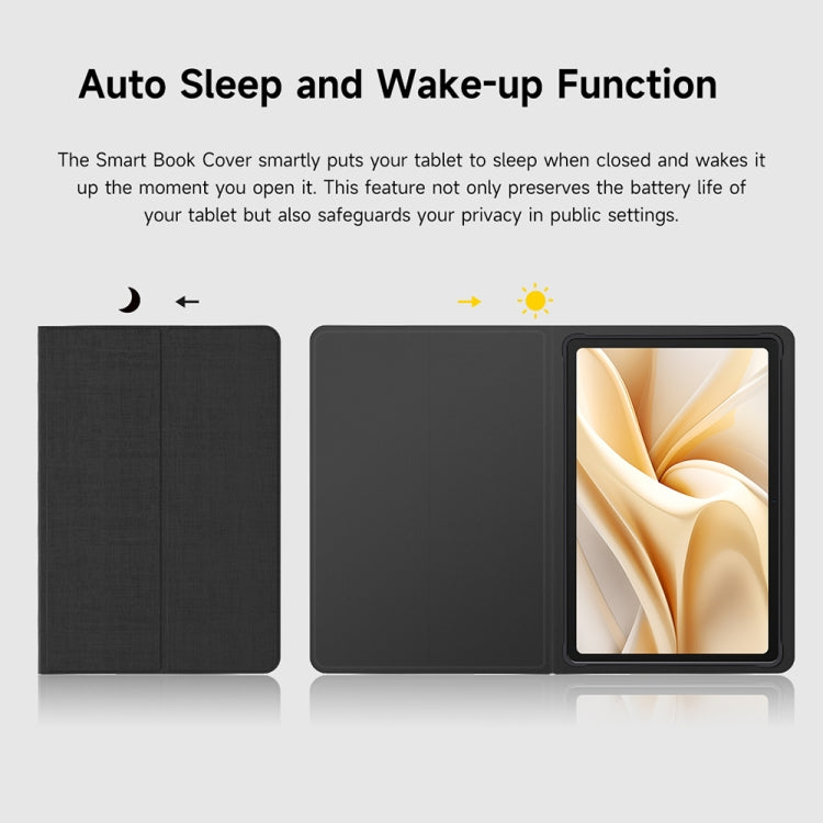 Black tablet book cover case showing sleep/wake function when closed and opened
