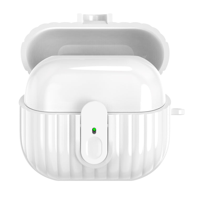 White earbuds protective case with security lock, open clamshell view
