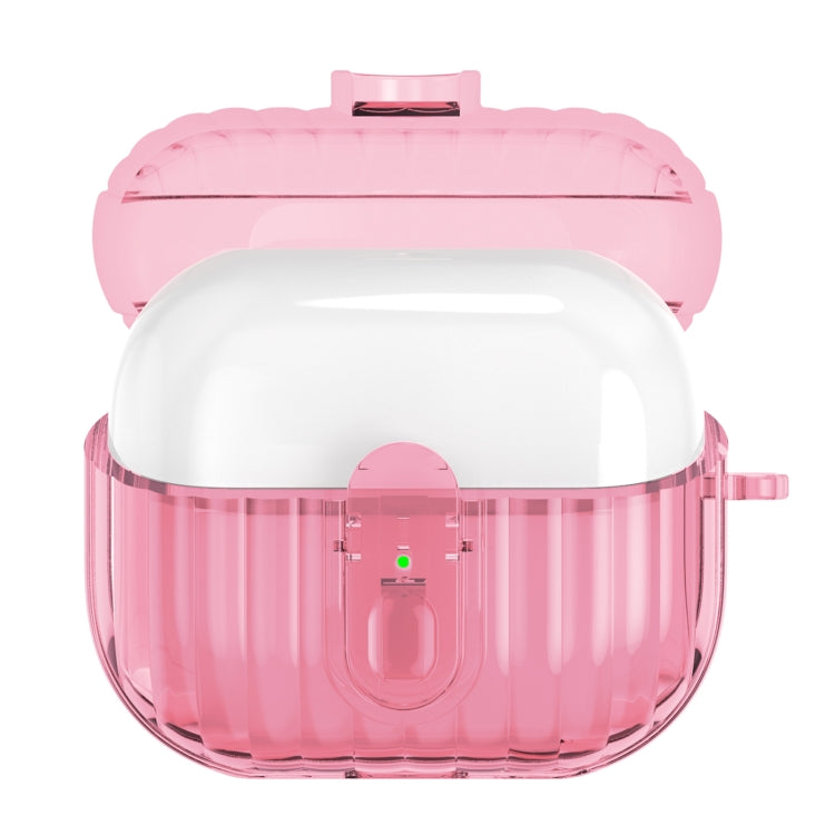 Pink earbuds protective case with security lock, open clamshell view