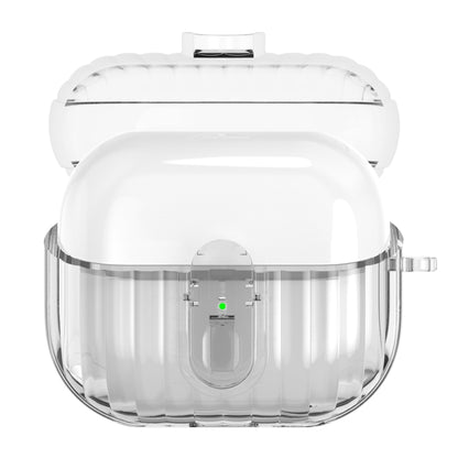 White earbuds protective case with security lock, open clamshell view