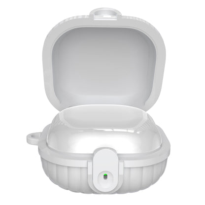 White earbuds protective case with security lock, underside base and latch