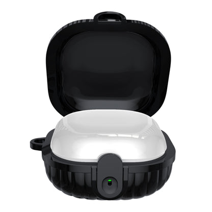 Black protective earbuds case with security lock, open shell-style design