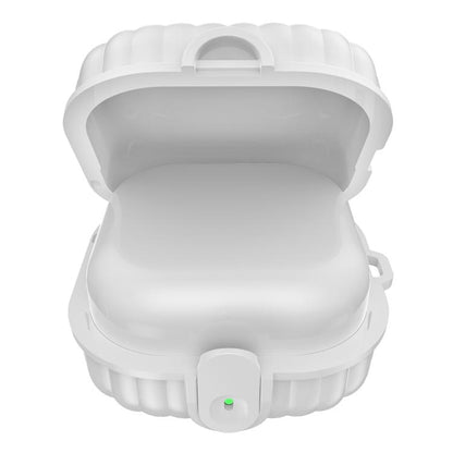 Protective earbuds case with open clamshell and front security lock, white