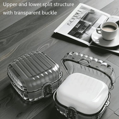 Transparent earbuds case with top and bottom split design, visible buckle latch
