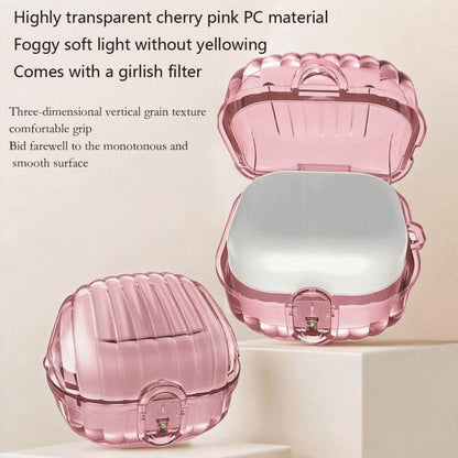 Transparent pink protective earbuds case with hinged lid and security lock, hard shell