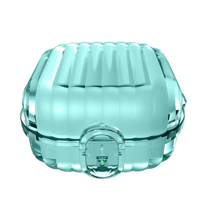 Earbuds protective case with security lock, translucent teal shell design