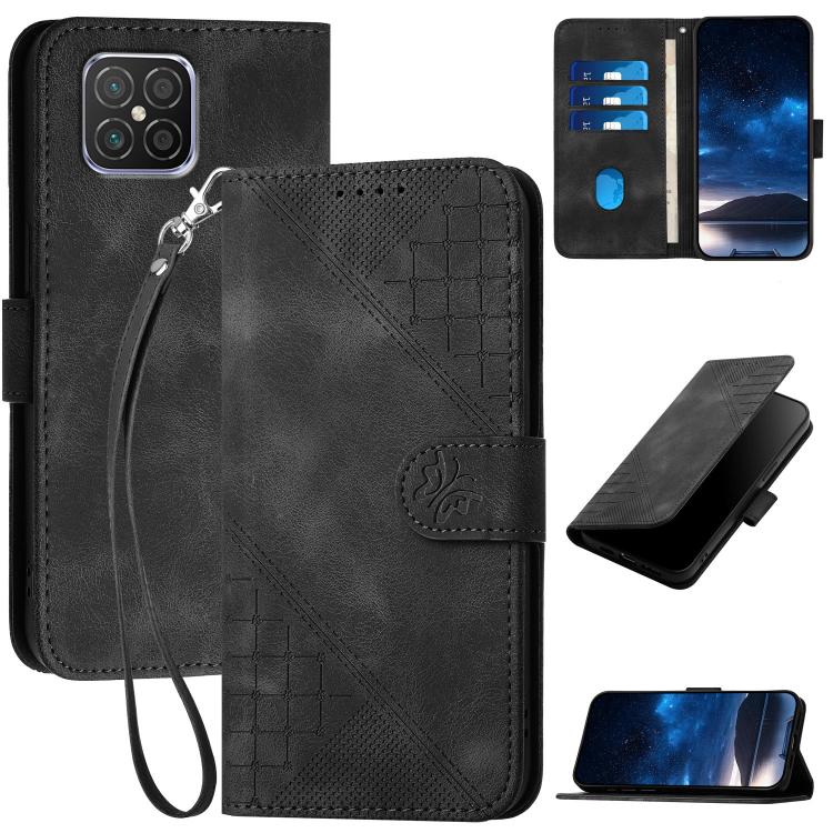 Black leather phone case with embossed grid butterfly pattern and wrist lanyard