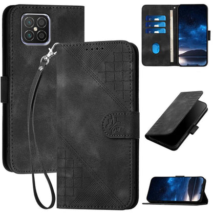 Black leather phone case with embossed grid butterfly pattern and wrist lanyard