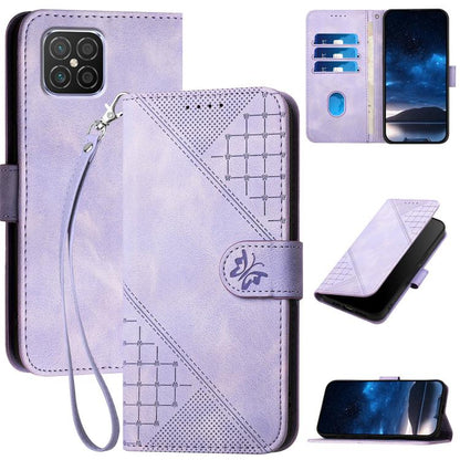 Light purple leather phone case with embossed grid butterfly pattern and wrist lanyard